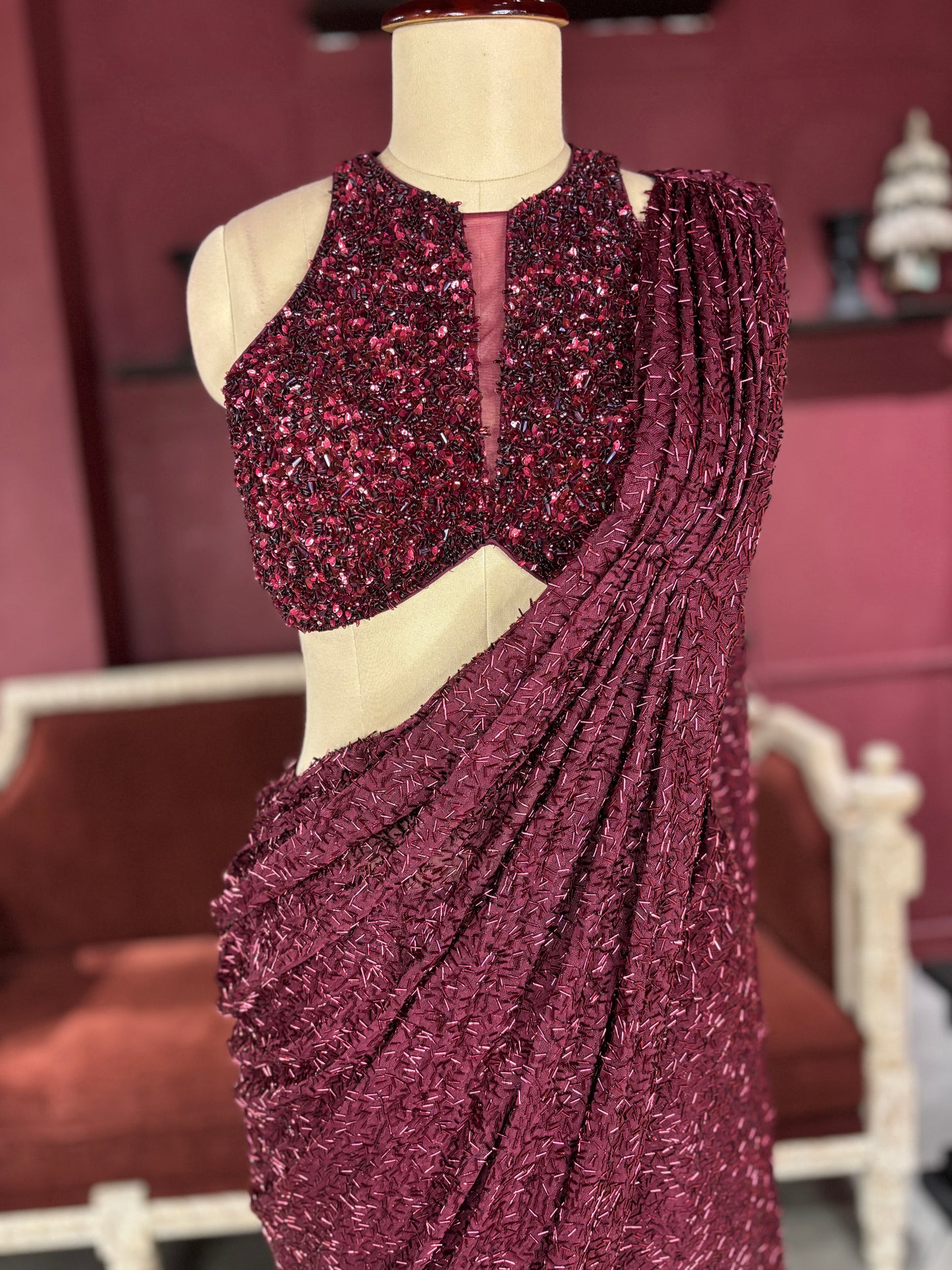Designer Maroon Drape Saree with Sequin Elegance
