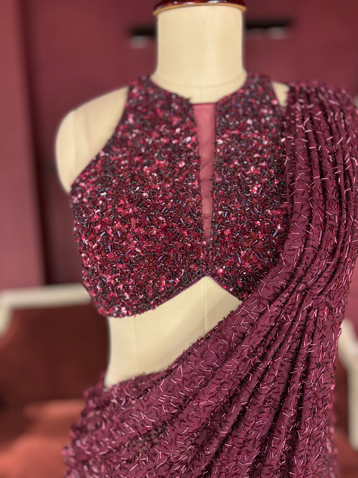 Designer Maroon Drape Saree with Sequin Elegance