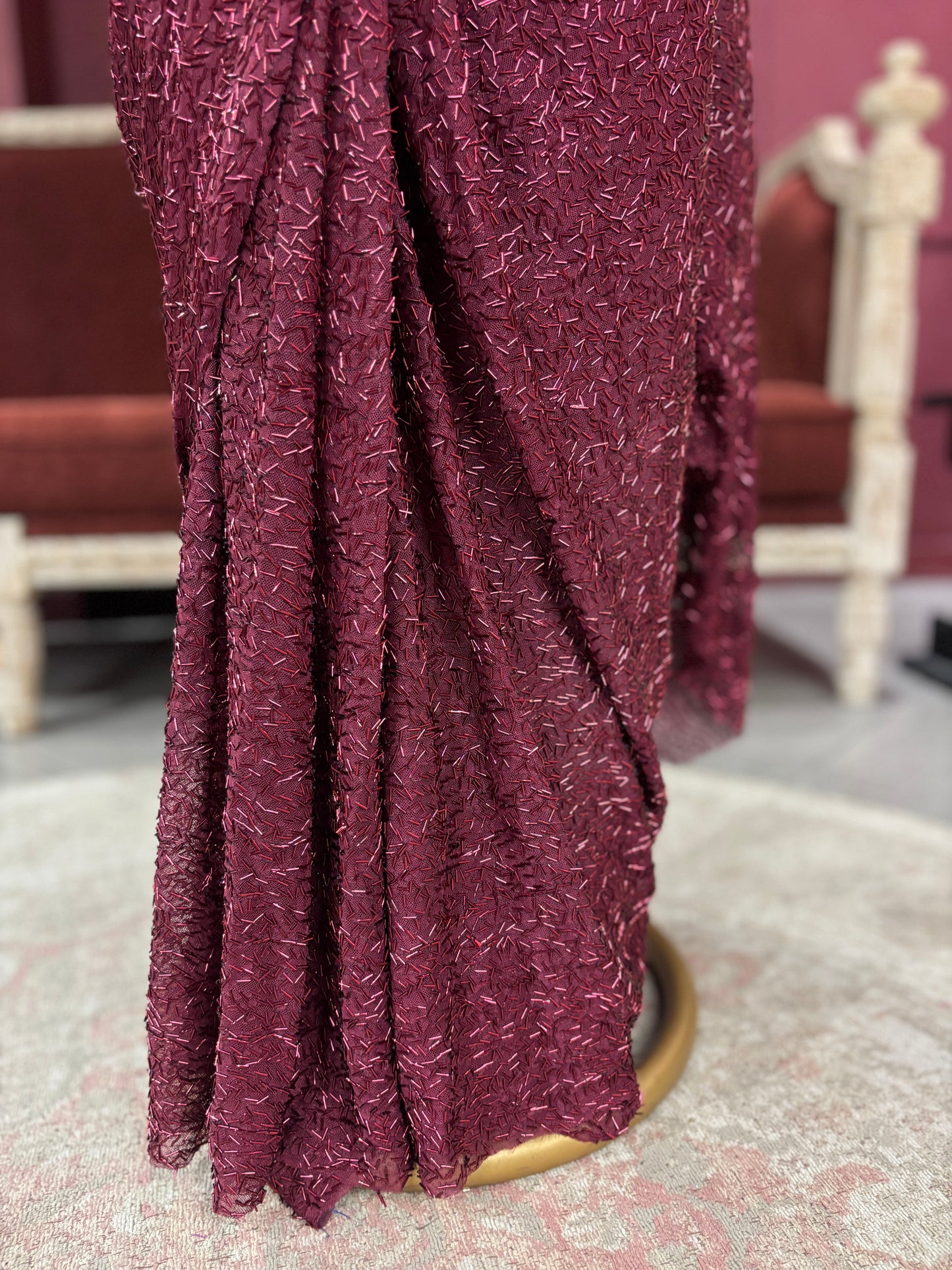 Designer Maroon Drape Saree with Sequin Elegance