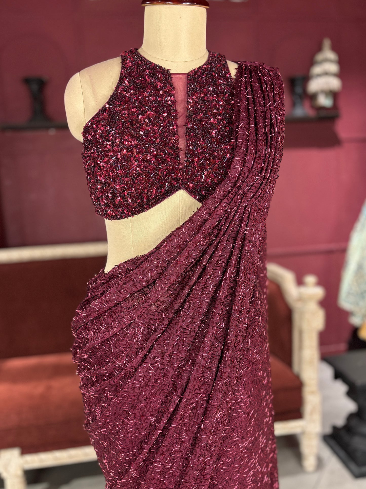 Designer Maroon Drape Saree with Sequin Elegance