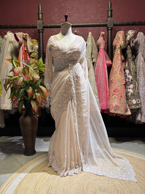 Ivory Embroidered Saree with Full Sleeve Designer Blouse