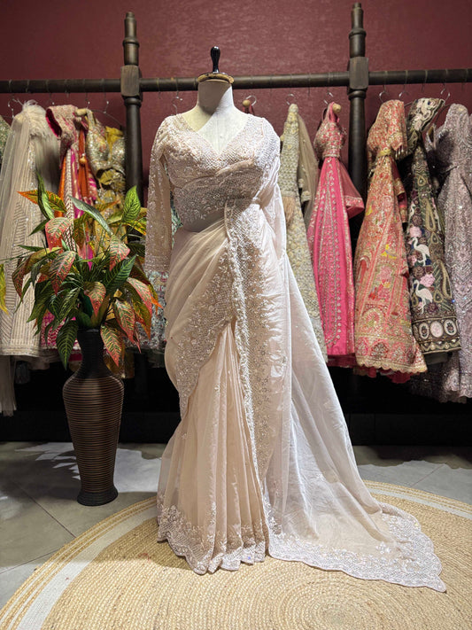 Ivory Embroidered Saree with Full Sleeve Designer Blouse