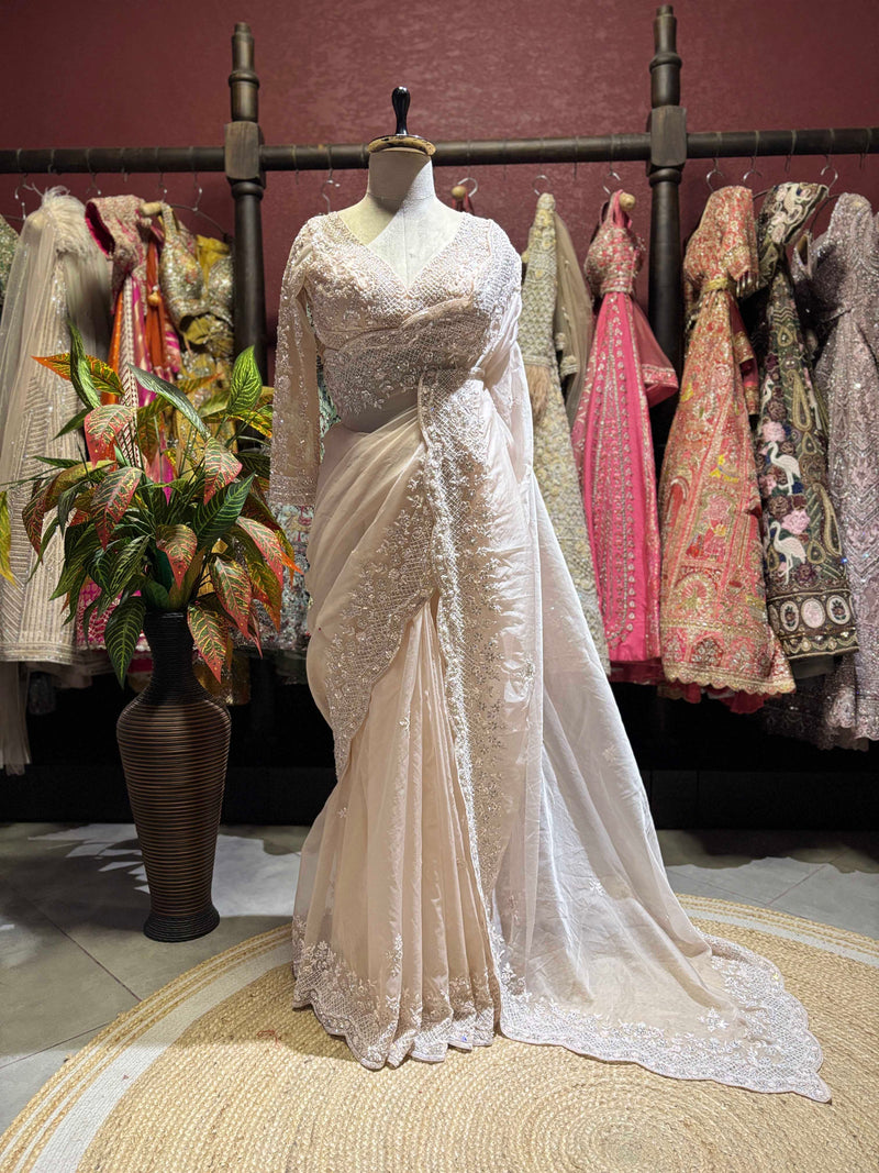 Ivory Embroidered Saree with Full Sleeve Designer Blouse