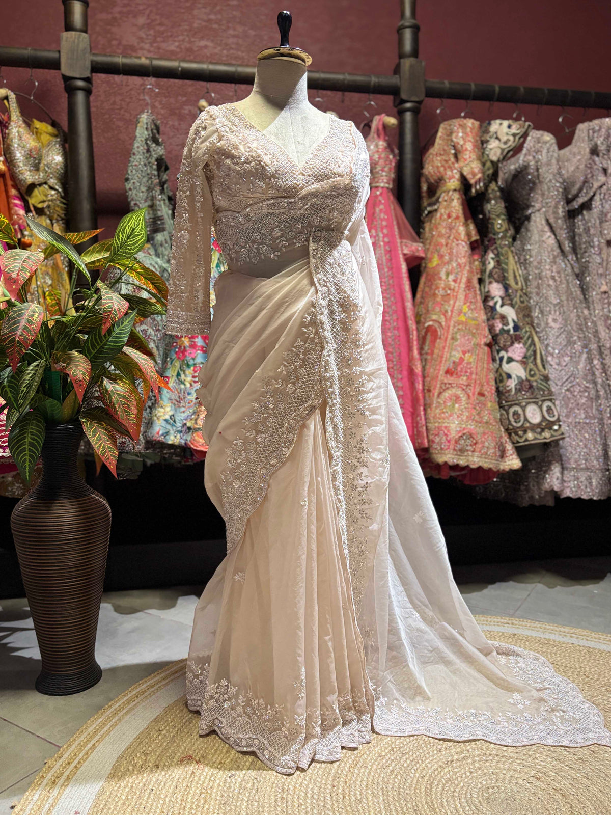 Ivory Embroidered Saree with Full Sleeve Designer Blouse