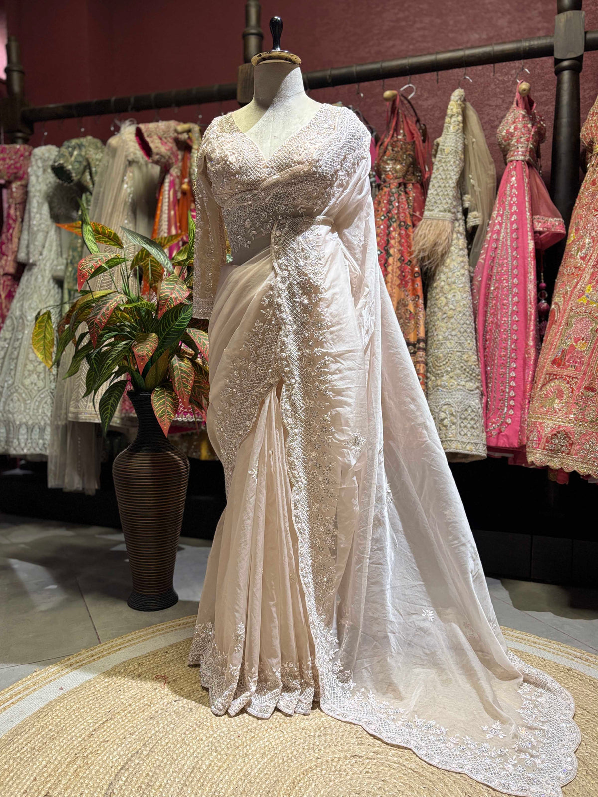 Ivory Embroidered Saree with Full Sleeve Designer Blouse