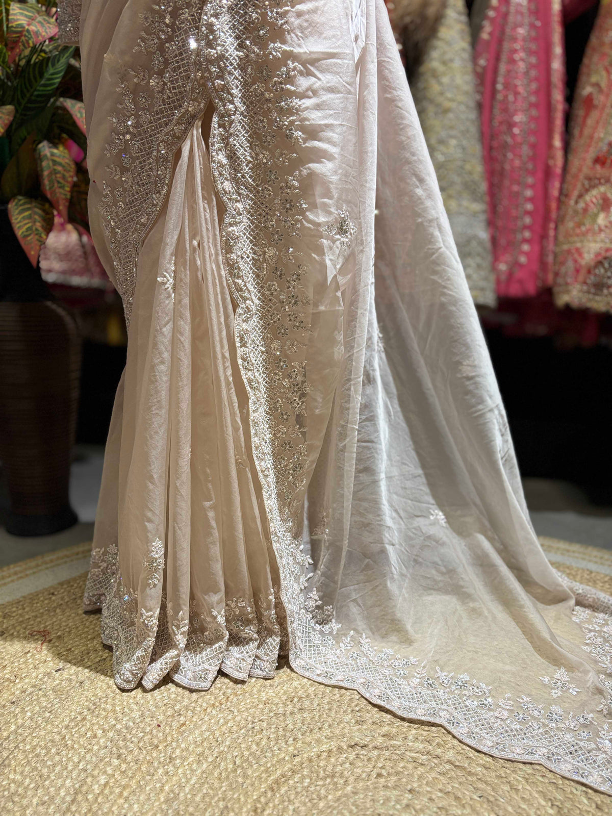 Ivory Embroidered Saree with Full Sleeve Designer Blouse