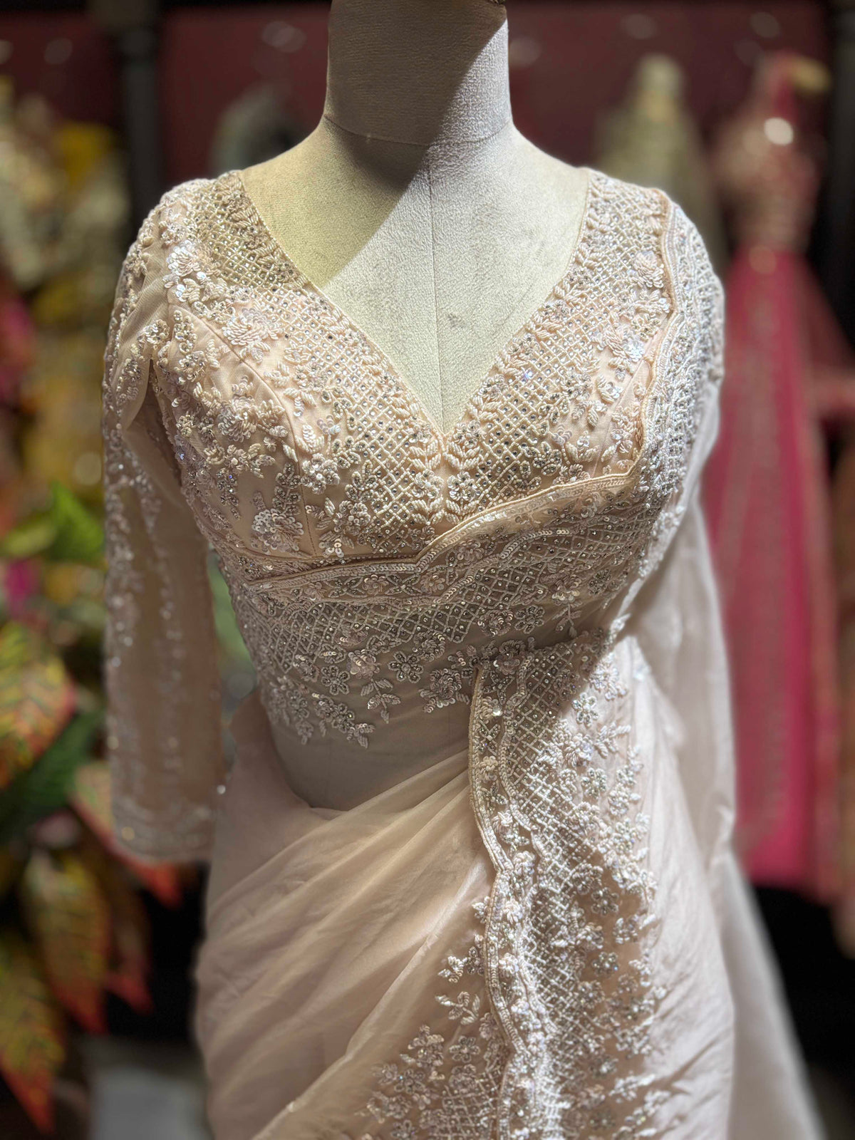 Ivory Embroidered Saree with Full Sleeve Designer Blouse