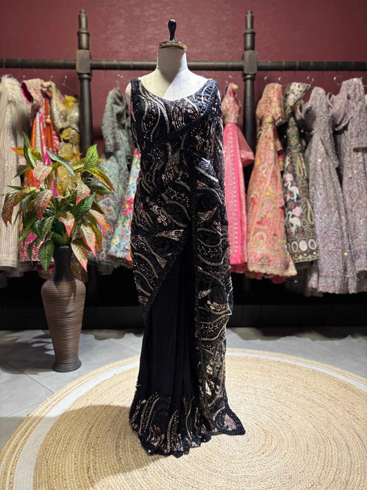 Black Sequin Draped Saree with Rose Gold Embellished Blouse