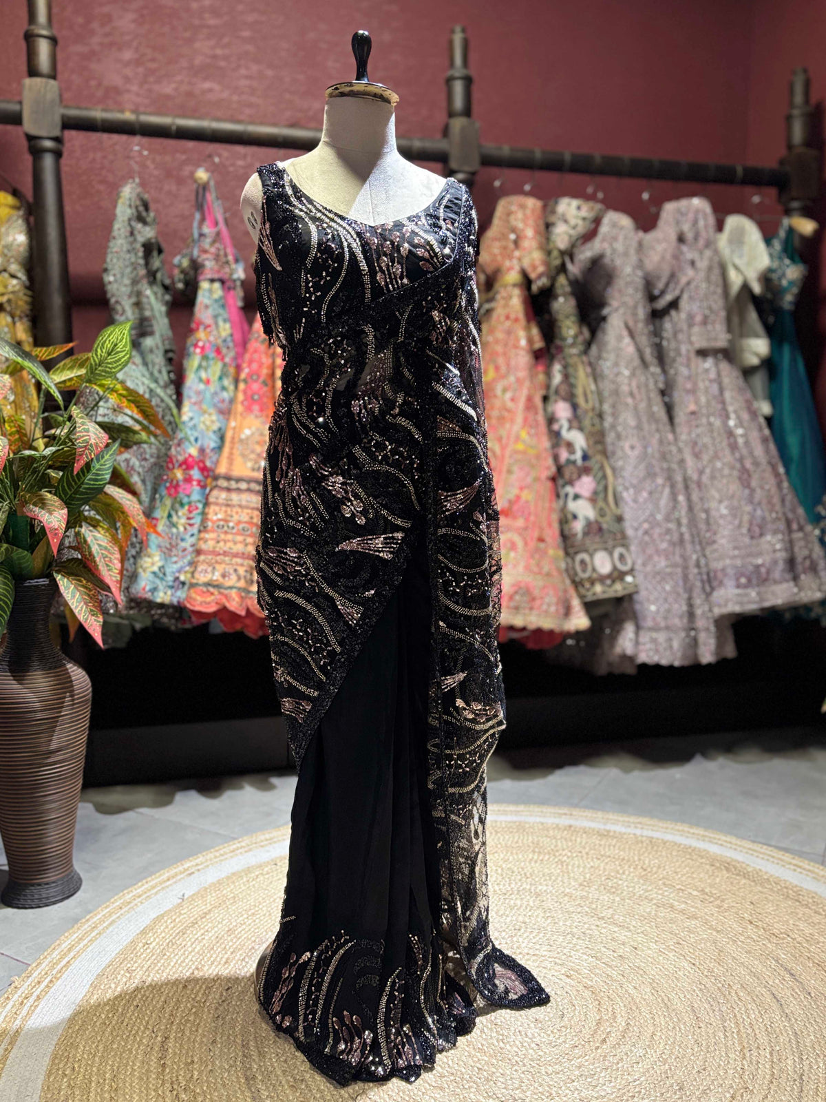 Black Sequin Draped Saree with Rose Gold Embellished Blouse