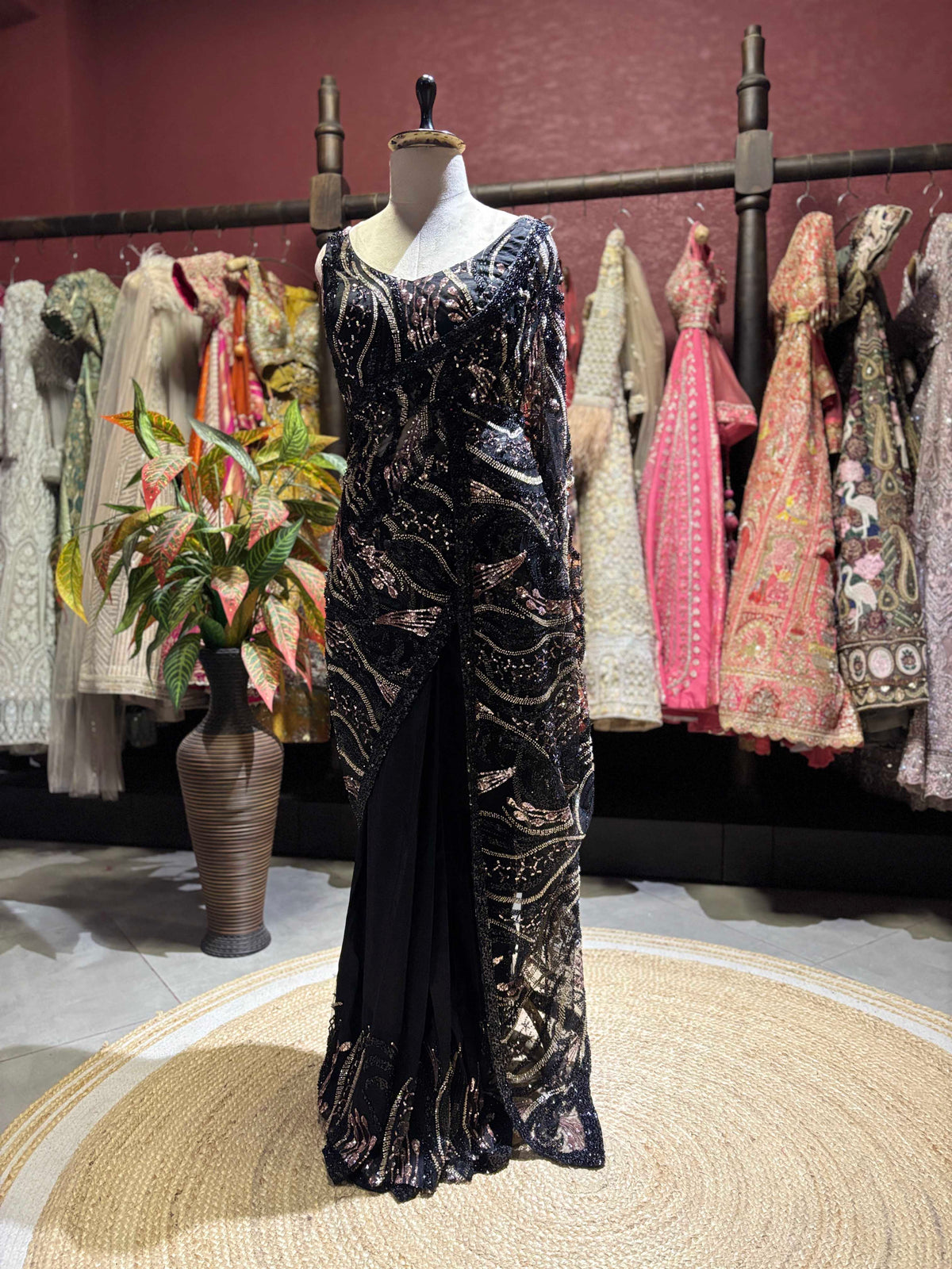 Black Sequin Draped Saree with Rose Gold Embellished Blouse