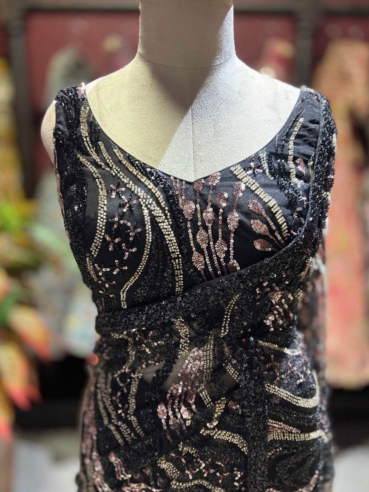 Black Sequin Draped Saree with Rose Gold Embellished Blouse