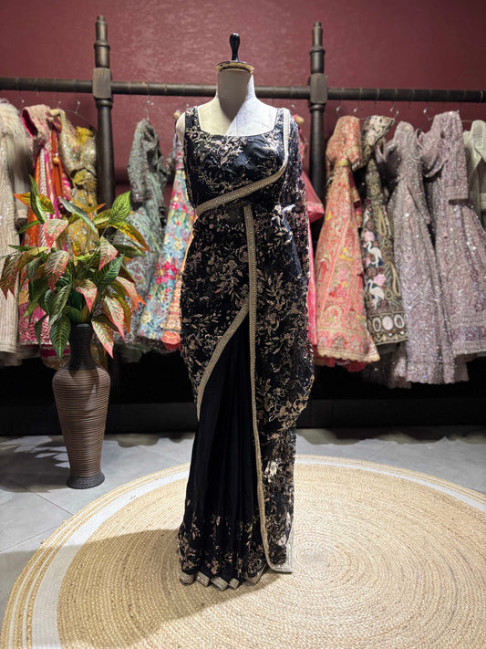 Black Floral Embroidered Saree with Gold Designer Border