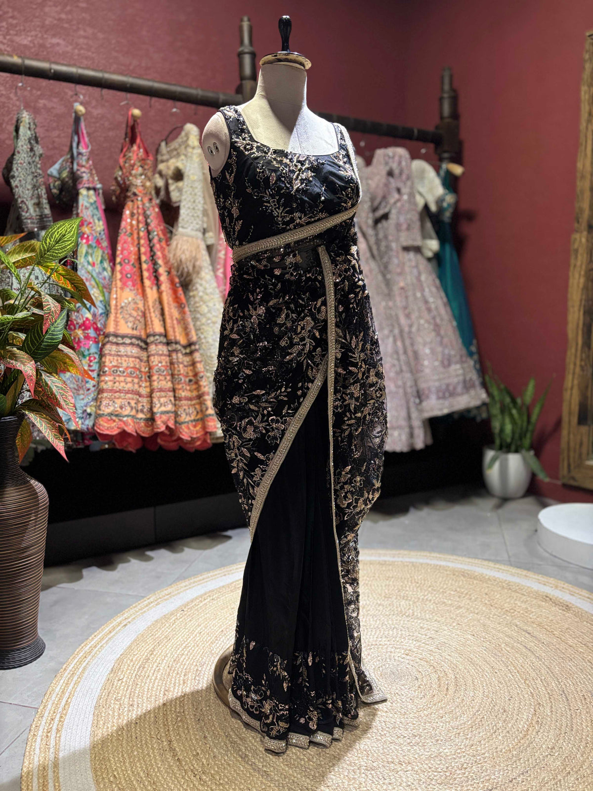 Black Floral Embroidered Saree with Gold Designer Border