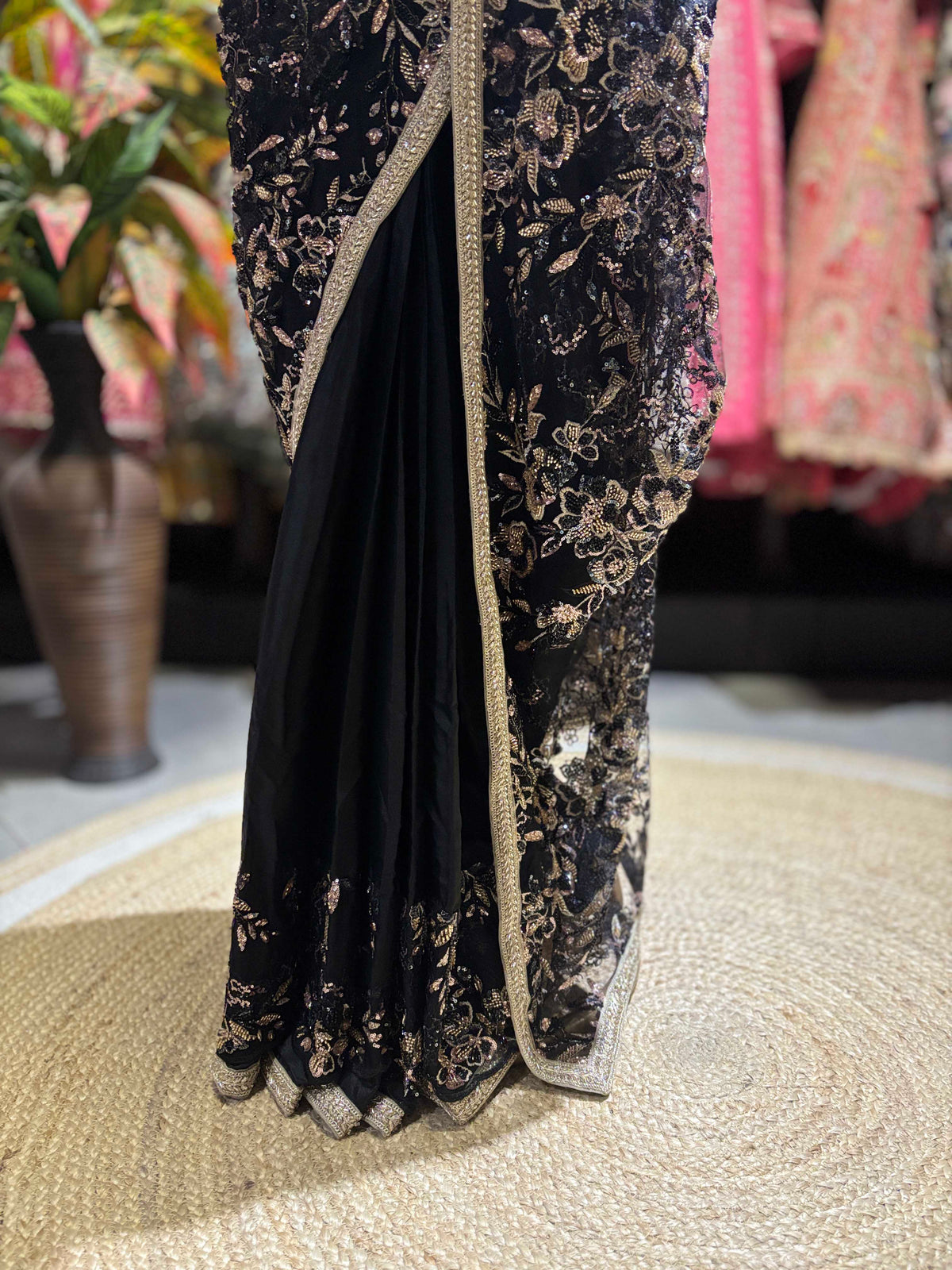 Black Floral Embroidered Saree with Gold Designer Border