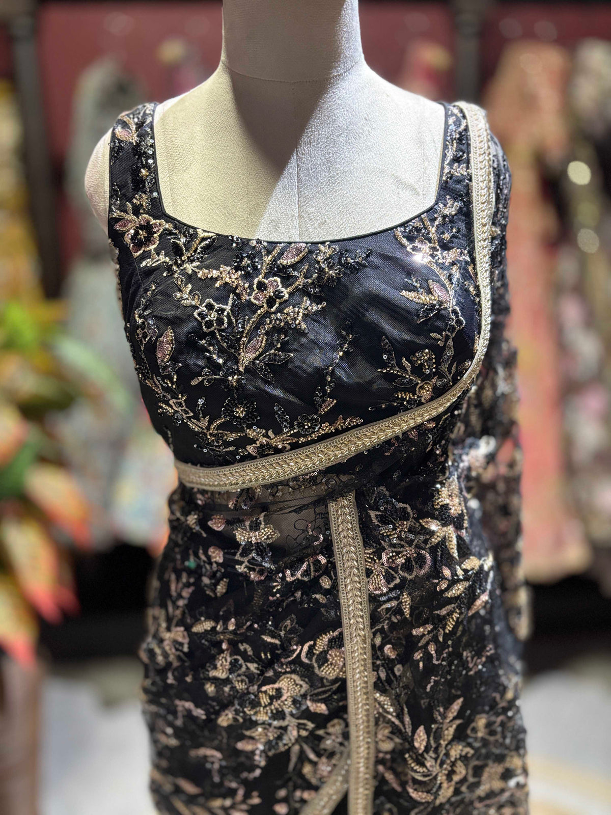 Black Floral Embroidered Saree with Gold Designer Border