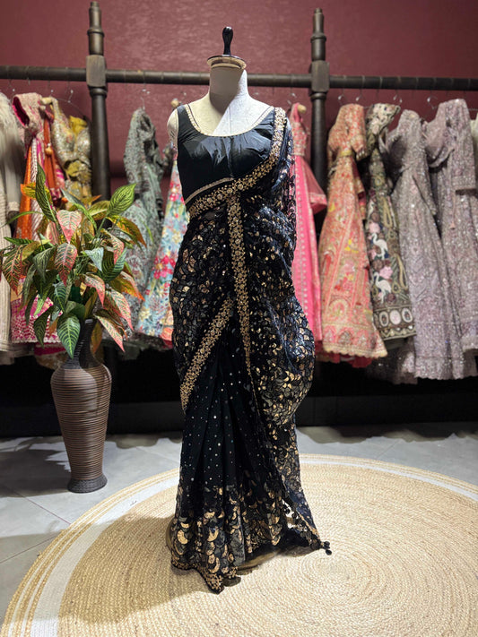 Black Embroidered Saree with Gold Sequin Work & Designer Blouse