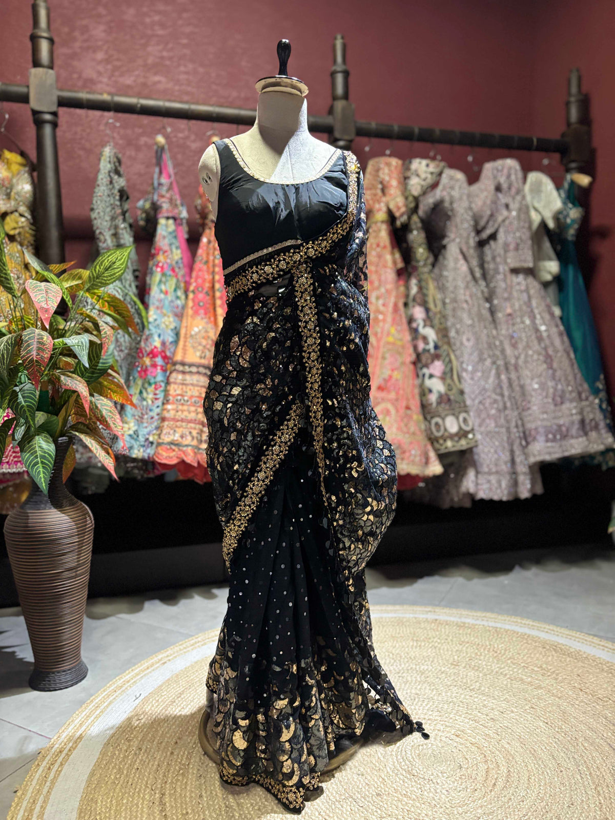 Black Embroidered Saree with Gold Sequin Work & Designer Blouse