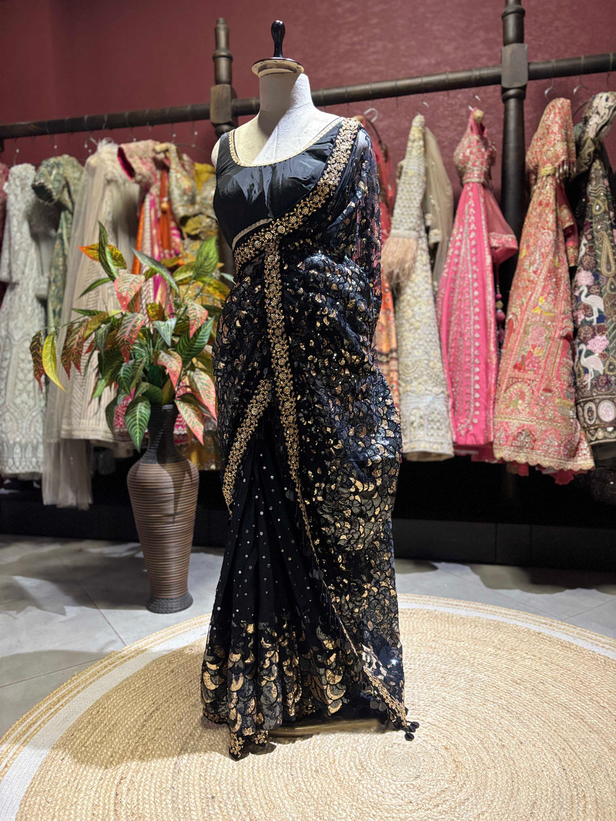 Black Embroidered Saree with Gold Sequin Work & Designer Blouse