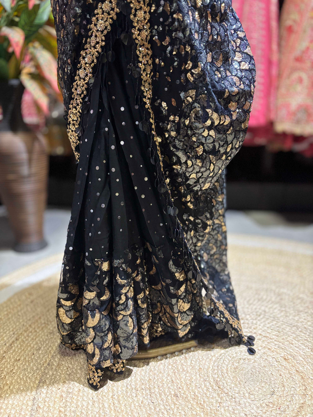 Black Embroidered Saree with Gold Sequin Work & Designer Blouse