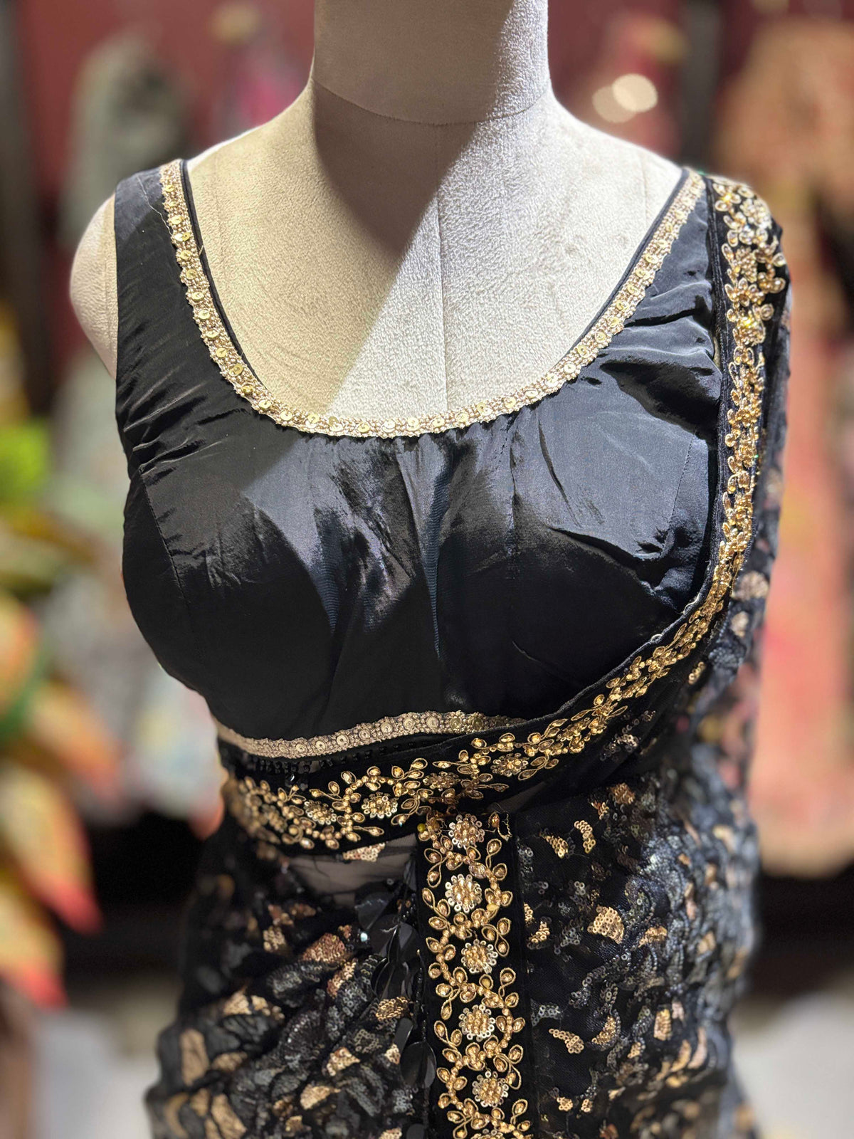 Black Embroidered Saree with Gold Sequin Work & Designer Blouse