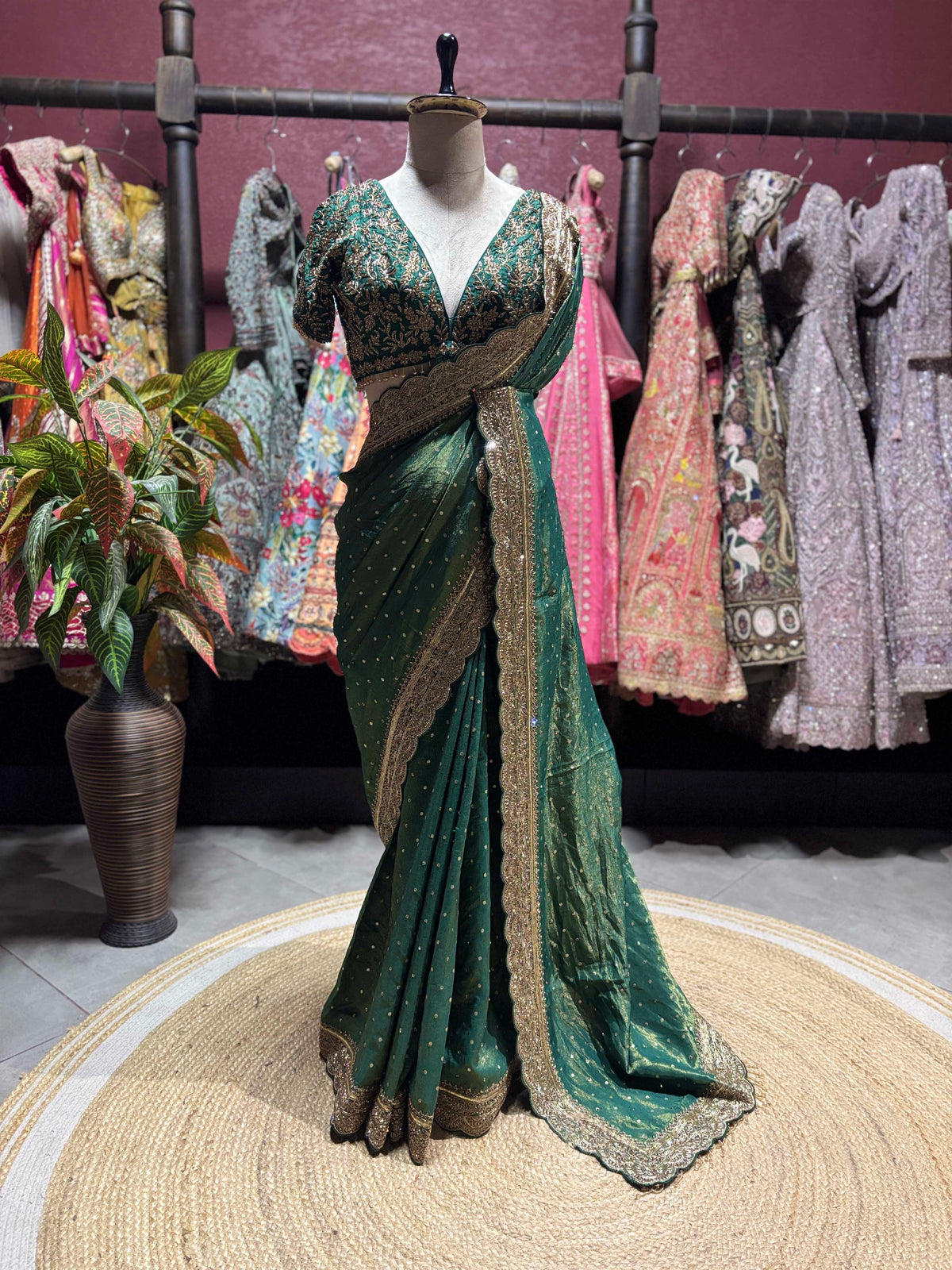Emerald Green Saree with Heavy Gold Embroidery & Designer Blouse