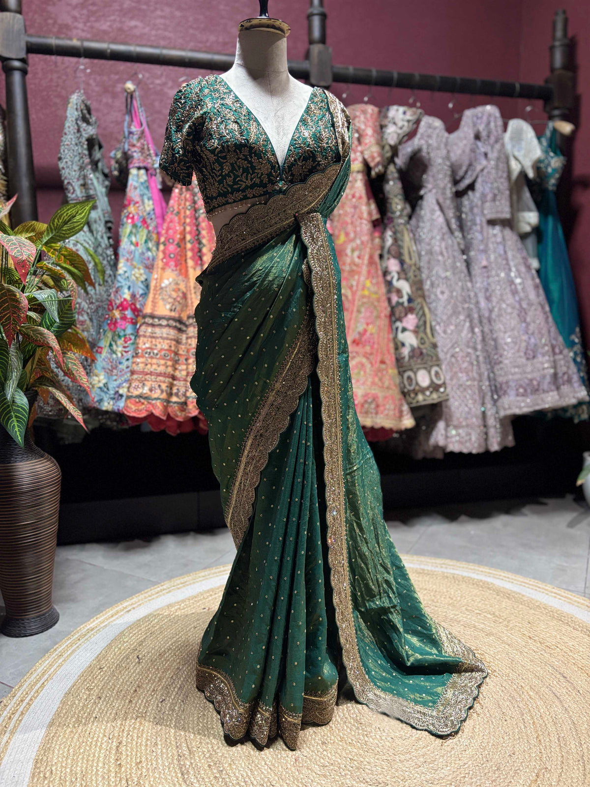 Emerald Green Saree with Heavy Gold Embroidery & Designer Blouse