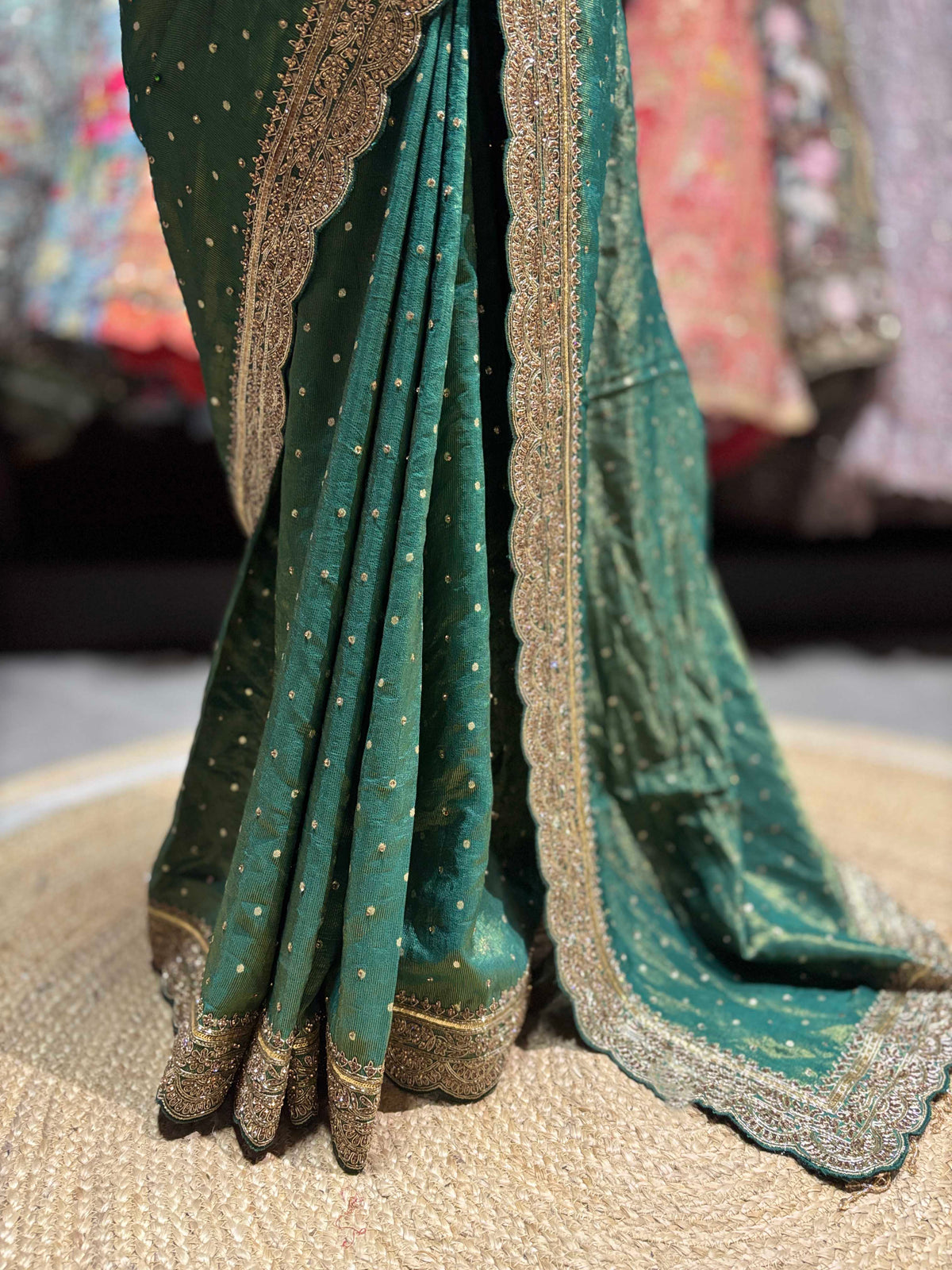 Emerald Green Saree with Heavy Gold Embroidery & Designer Blouse
