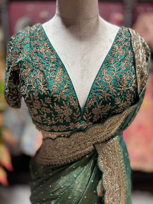 Emerald Green Saree with Heavy Gold Embroidery & Designer Blouse