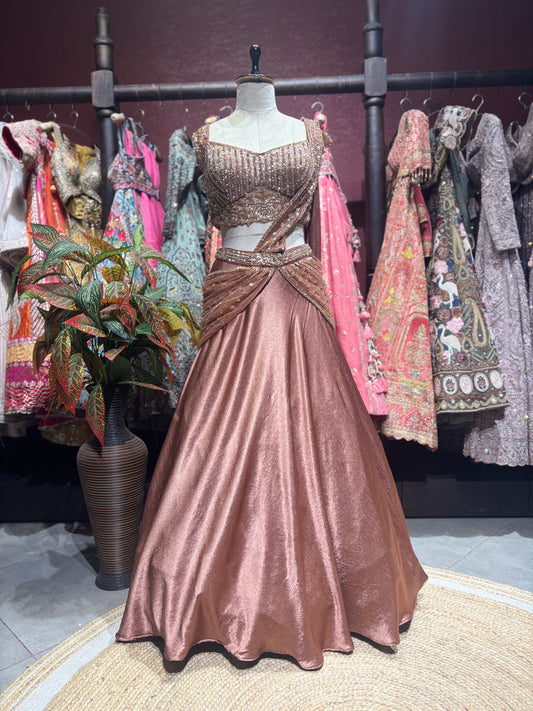 Rose Gold Designer Lehenga with Embellished Blouse & Draped Dupatta