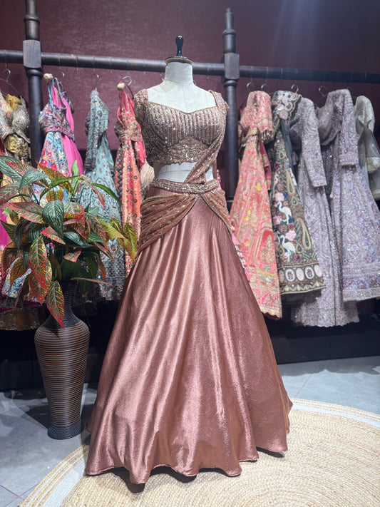 Rose Gold Designer Lehenga with Embellished Blouse & Draped Dupatta