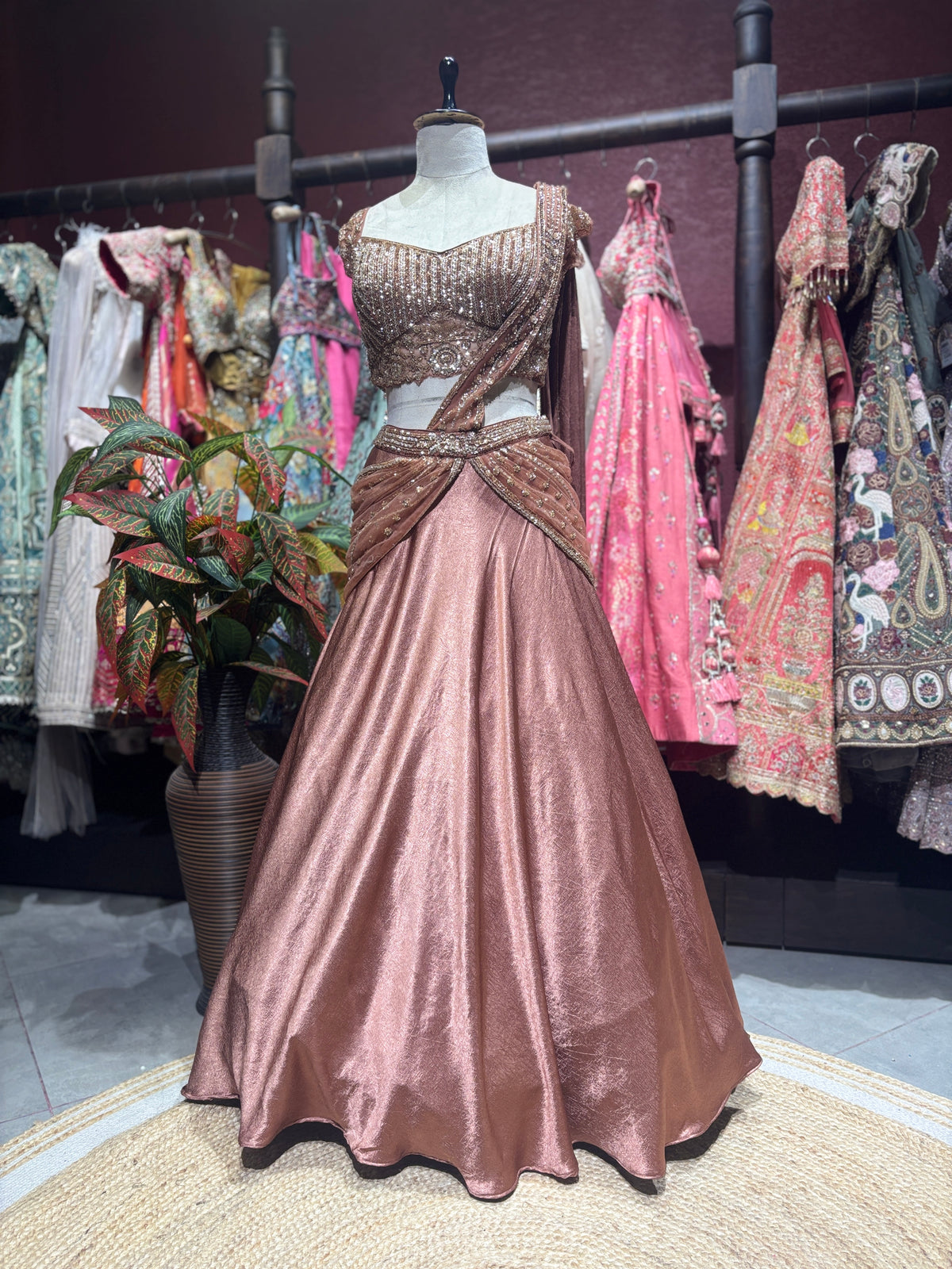 Rose Gold Designer Lehenga with Embellished Blouse & Draped Dupatta