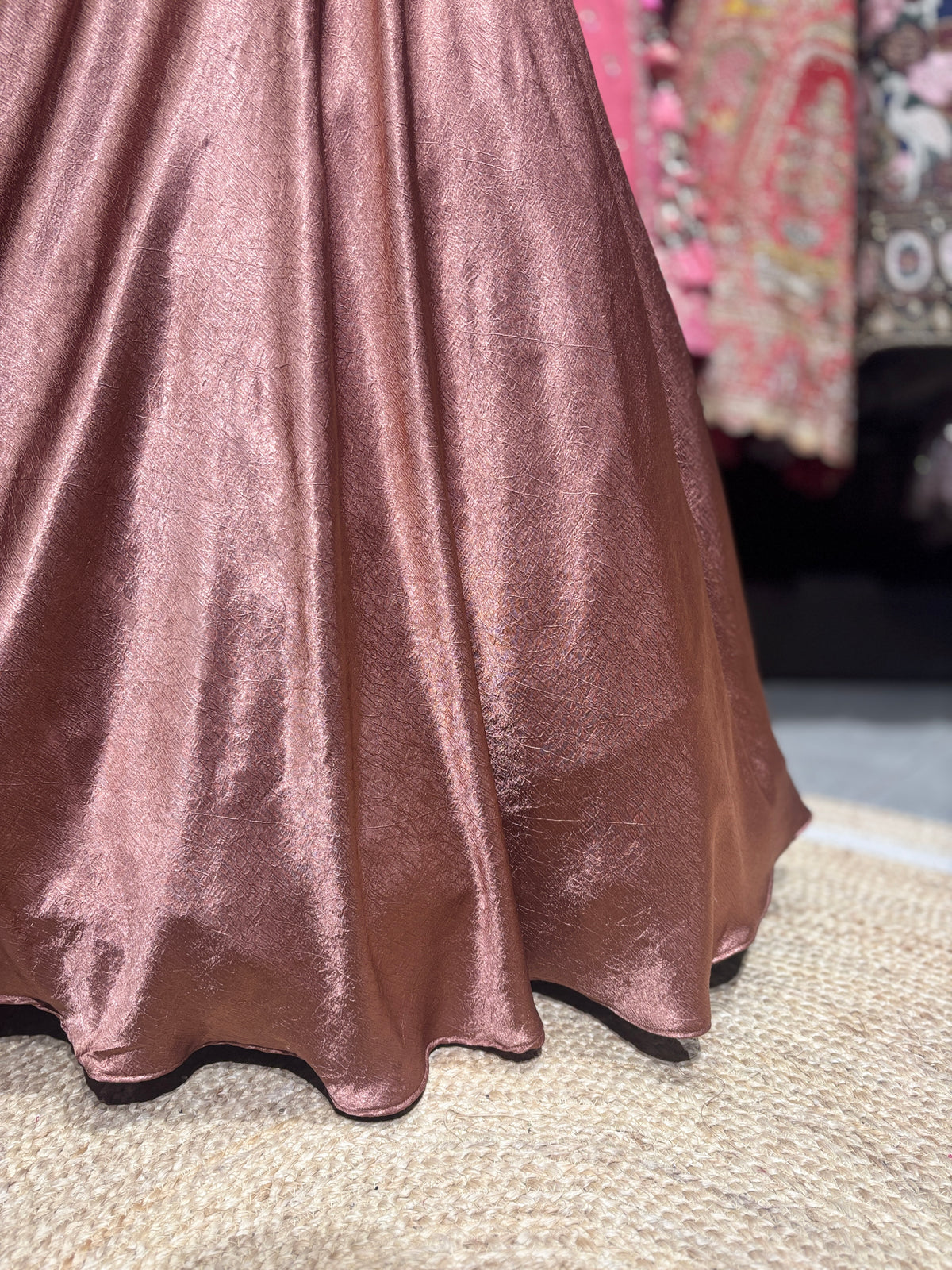Rose Gold Designer Lehenga with Embellished Blouse & Draped Dupatta