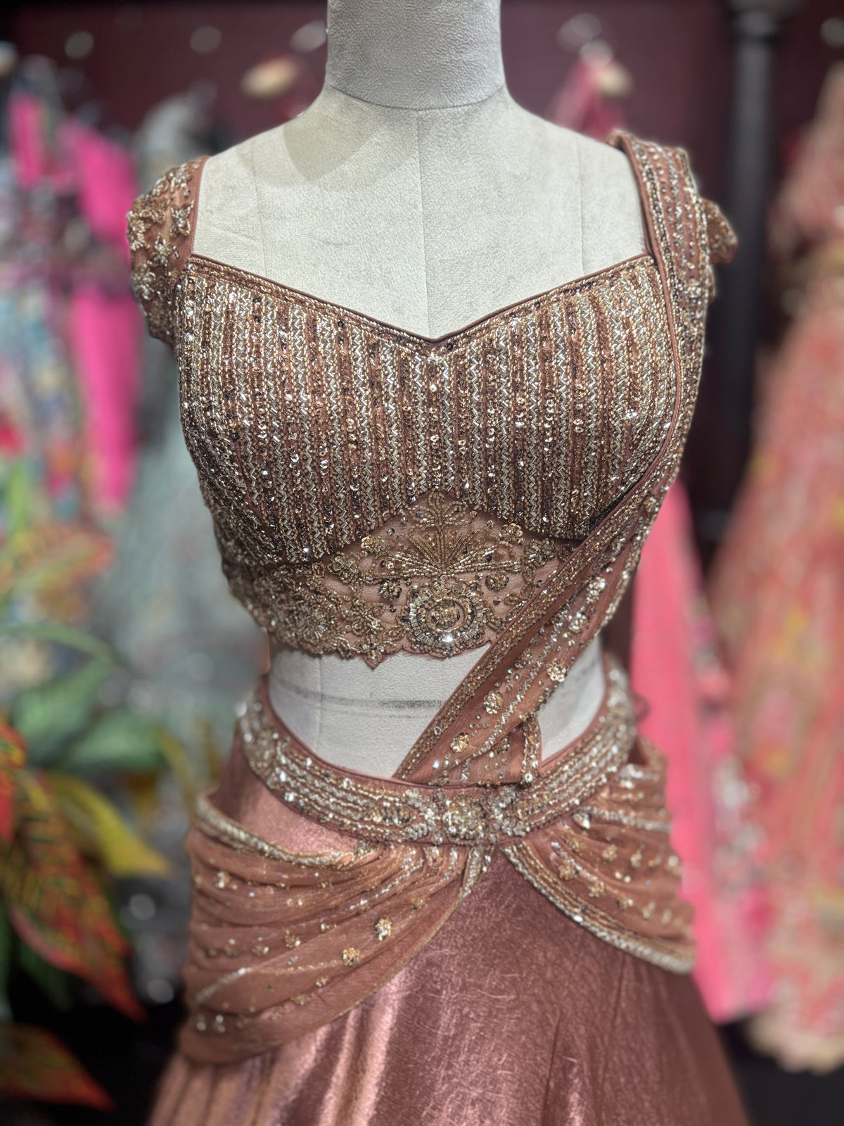 Rose Gold Designer Lehenga with Embellished Blouse & Draped Dupatta