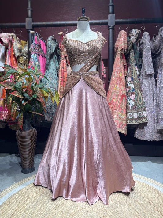 Baby Pink Lehenga with Embellished Blouse & Draped Dupatta