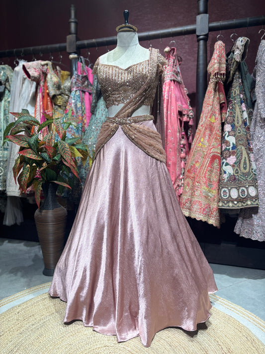Baby Pink Lehenga with Embellished Blouse & Draped Dupatta