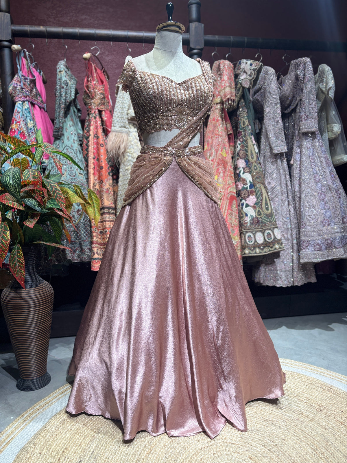 Baby Pink Lehenga with Embellished Blouse & Draped Dupatta