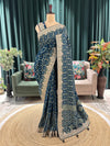 Teal Blue Printed Saree with Heavy Hand Embroidered Border