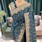Teal Blue Printed Saree with Heavy Hand Embroidered Border