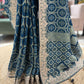 Teal Blue Printed Saree with Heavy Hand Embroidered Border