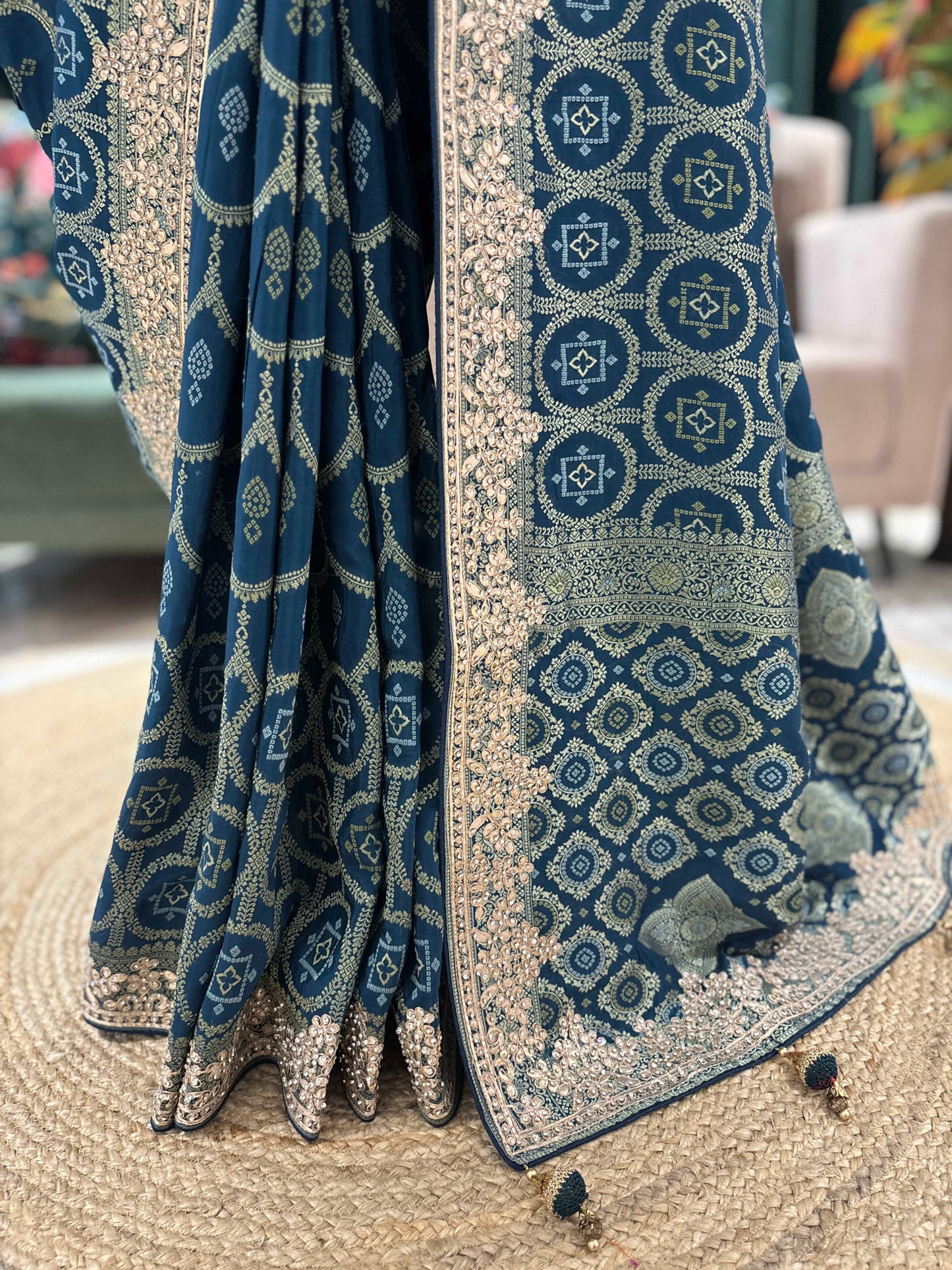 Teal Blue Printed Saree with Heavy Hand Embroidered Border