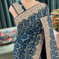 Teal Blue Printed Saree with Heavy Hand Embroidered Border