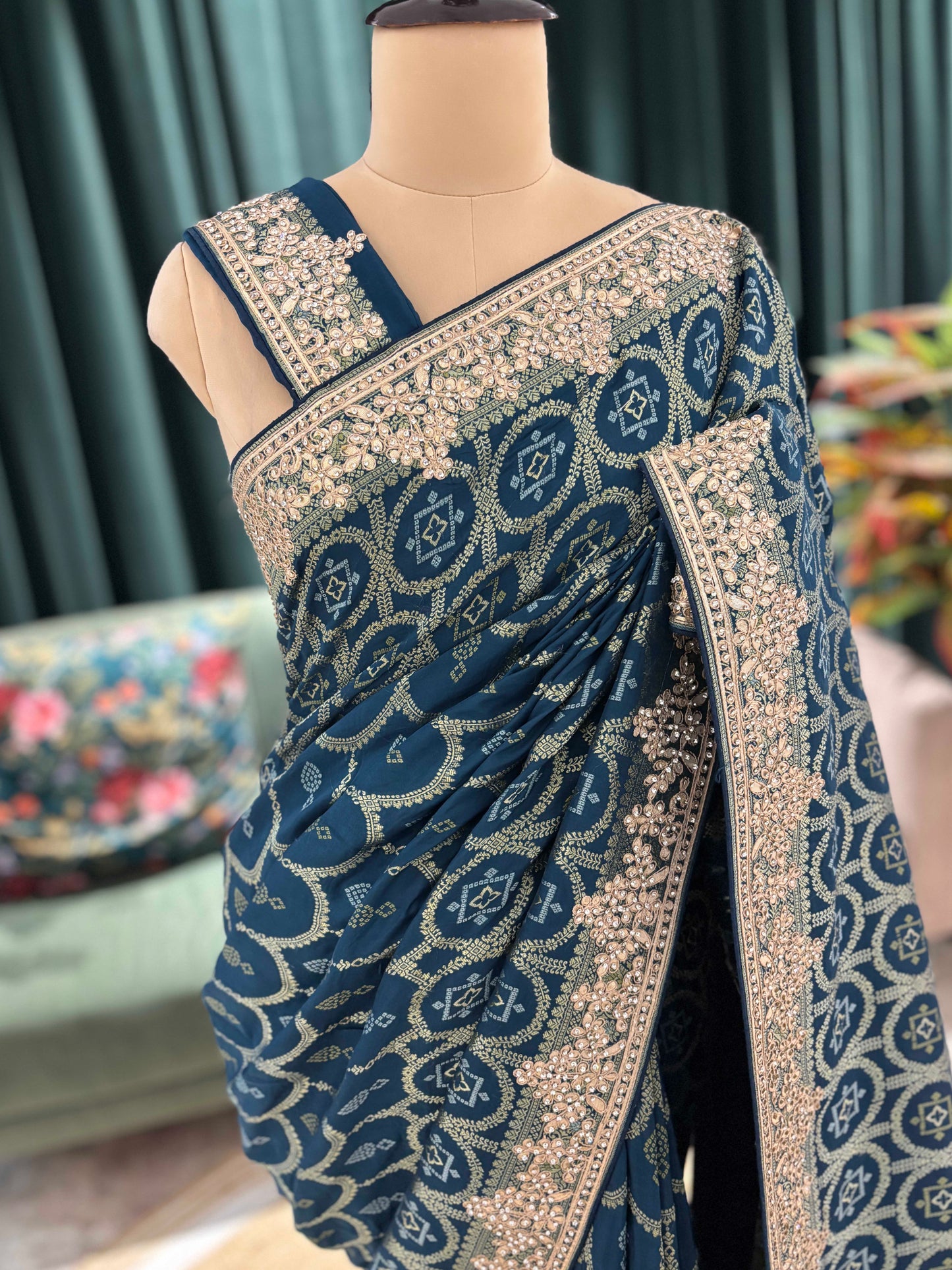 Teal Blue Printed Saree with Heavy Hand Embroidered Border