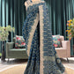 Teal Blue Printed Saree with Heavy Hand Embroidered Border