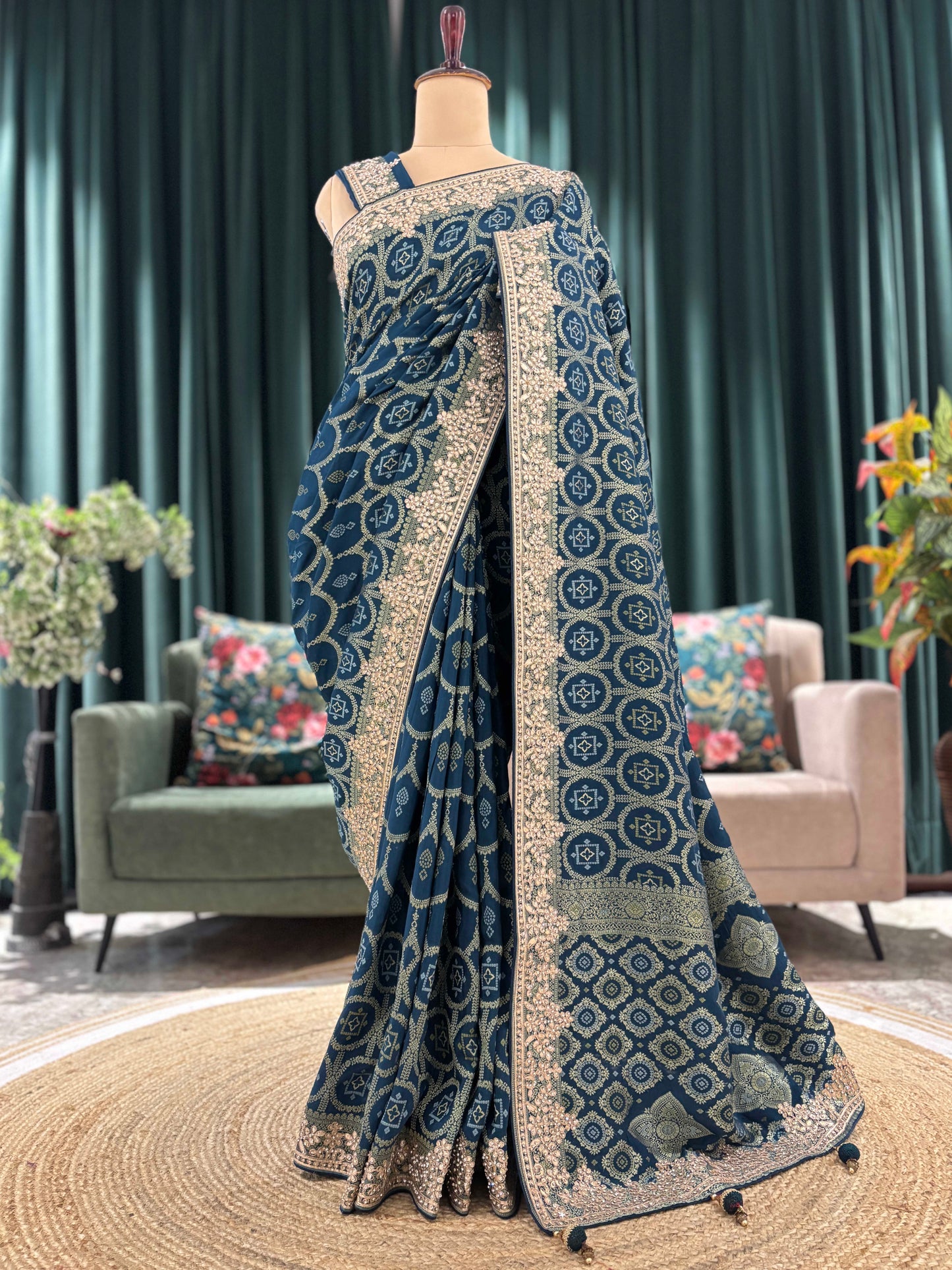 Teal Blue Printed Saree with Heavy Hand Embroidered Border