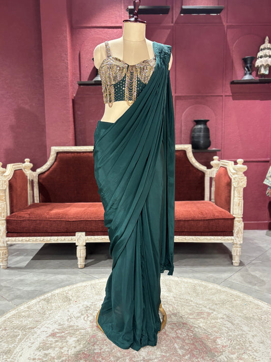 Designer Dark Green Drape Saree with Ornate Blouse