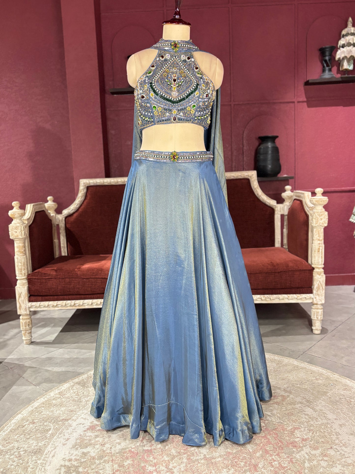 Designer Metallic Blue Lehenga with Embroidered Sleeveless Blouse
