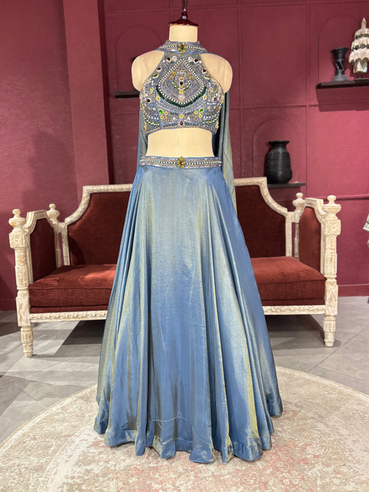 Designer Metallic Blue Lehenga with Embroidered Sleeveless Blouse