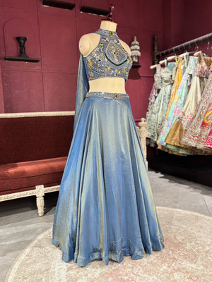 Designer Metallic Blue Lehenga with Embroidered Sleeveless Blouse