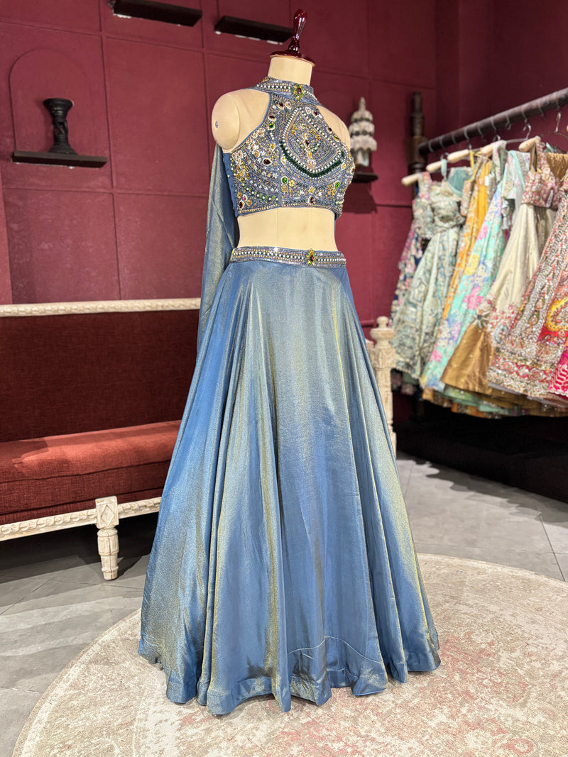 Designer Metallic Blue Lehenga with Embroidered Sleeveless Blouse