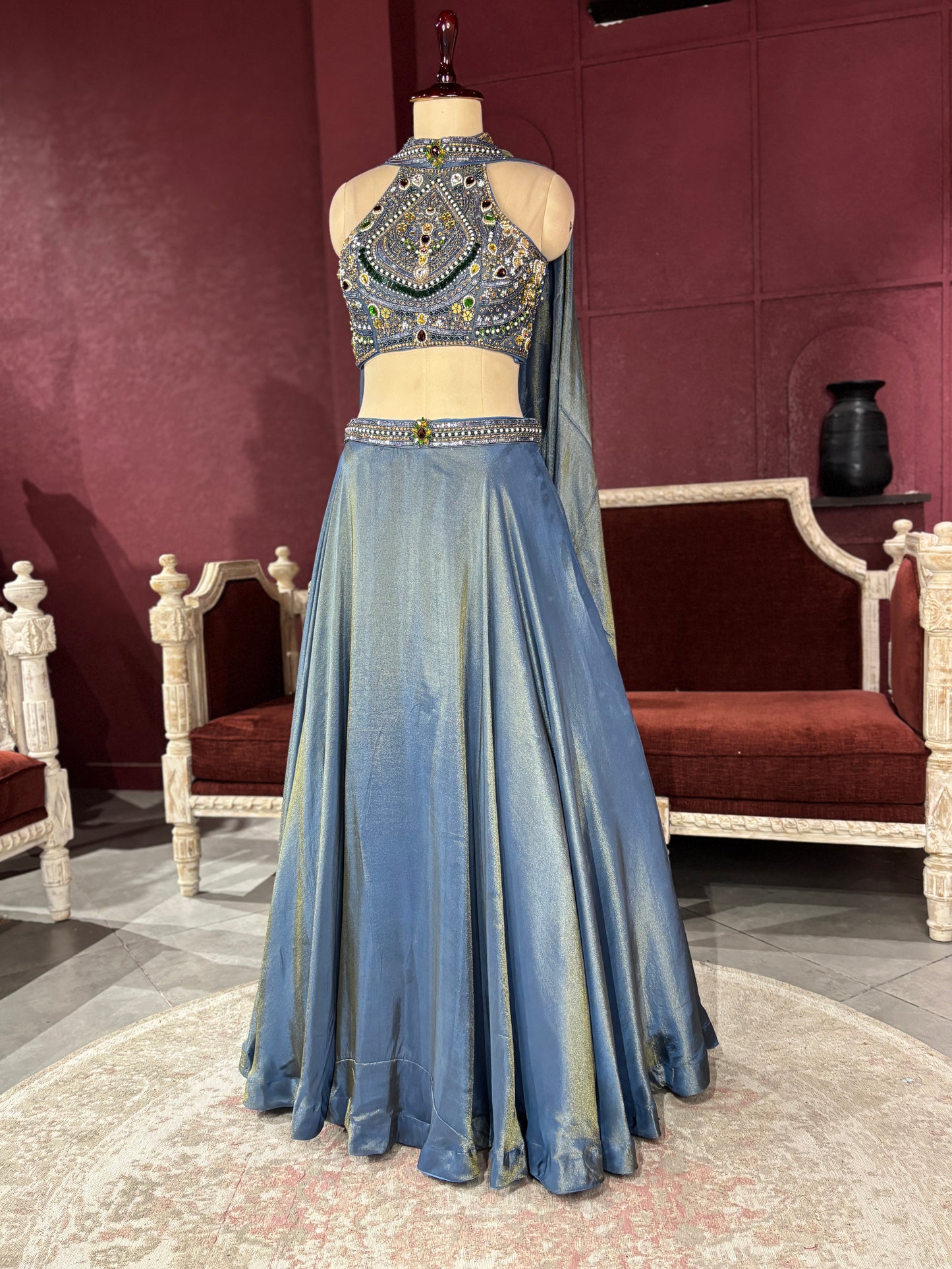 Designer Metallic Blue Lehenga with Embroidered Sleeveless Blouse